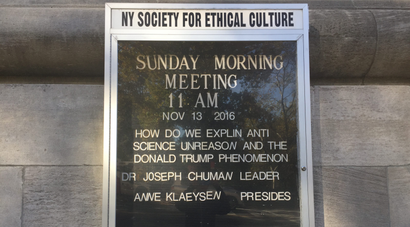 NY Society for Ethical Culture plans a Sunday morning meeting on Nov. 13 about reconciling the election of Donald Trump as US president.