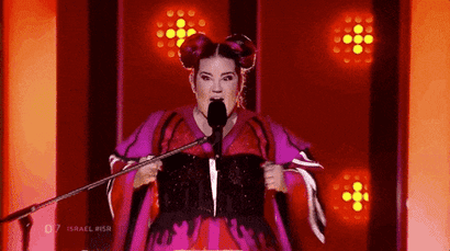 A gif from Eurovision of a singer dancing.