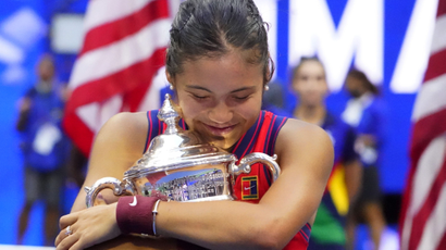 Emma Raducanu celebrates her US Open win on Sept. 11, 2021.