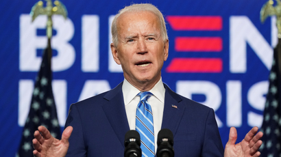 Democratic U.S. presidential nominee Joe Biden speaks about the 2020 U.S. presidential election results during an appearance in Wilmington, Delaware, U.S., November 4, 2020.