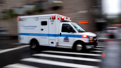 An ambulance arrives at Mount Sinai Hospital in Manhattan during outbreak of coronavirus disease (COVID-19) in New York