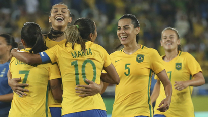 Brazilian women's soccer team competes during the Rio 2016 Olympics.