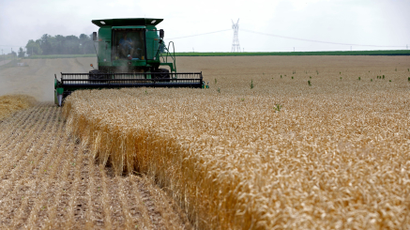 A combine drives over stalks of soft red winter wheat during the harvest on a farm in Dixon, Illinois