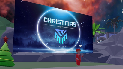 An avatar of D.J. Soto, in red, appears on a stage with the word "Christmas" on a large screen in the background.