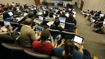 Students cram into an old lecture hall at the University of Mississippi Medical School.