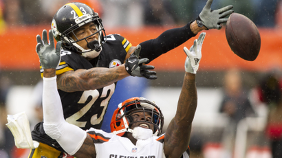 Sep 9, 2018; Cleveland, OH, USA; Pittsburgh Steelers defensive back Joe Haden (23) breaks up a pass intended for Cleveland Browns wide receiver Josh Gordon (12) during the third quarter at FirstEnergy Stadium. Mandatory Credit: Scott R. Galvin-USA TODAY Sports - 11217133