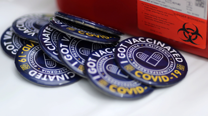 Pins are seen at a coronavirus disease (COVID-19) vaccine clinic for newly eligible 12 to 15-year-olds in Pasadena