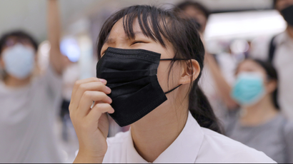 Anti-government protesters gather inside a mall during a rally in solidarity with the student protester who was shot by a police officer on October 1, in Sha Tin, Hong Kong, China, October 3, 2019.