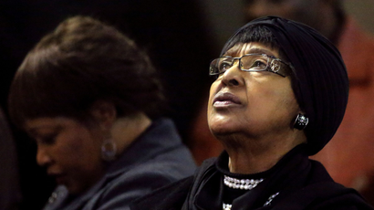 Winnie Madikizela-Mandela, ex-wife of former South African President Nelson Mandela, and her daughter Zindzi attend a prayer service for the ailing Mandela at a church in Johannesburg July 5, 2013.