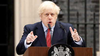 Britain's Prime Minister Boris Johnson speaks outside 10 Downing Street after recovering from the coronavirus disease (COVID-19), London, Britain, April 27, 2020.