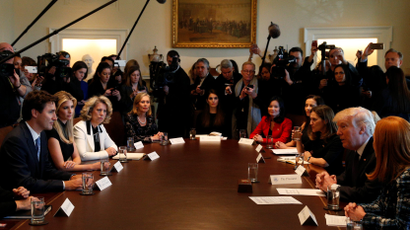 Business leaders, Ivanka Trump and Canadian Prime Minister Justin Trudeau take part in U.S. President Donald Trump's roundtable discussion on the advancement of women entrepreneurs and business leaders at the White House i