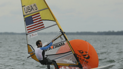 Philip Muller of the U.S. rounds the mark in the RSX class during the 2016 ISAF Sailing World Cup Miami.