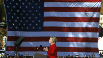 Clinton campaigning in the key battleground state of Pennsylvania with large US flag