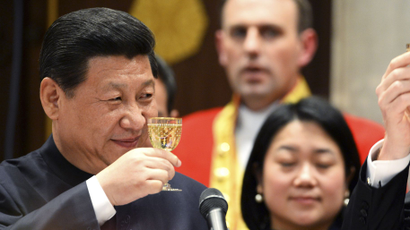 China's President Xi Jinping (L) toasts with King Willem-Alexander of the Netherlands during a state banquet at the Royal Palace in Amsterdam March 22, 2014. Xi is on a two-day state visit to the Netherlands and will attend a Nuclear Security Summit later this week in The Hague. REUTERS/Toussaint Kluiters/United Photos