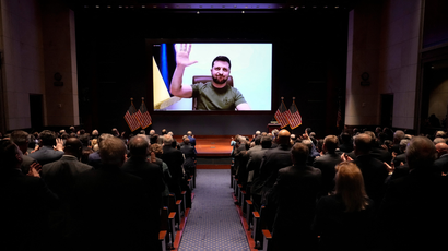 Ukrainian President Volodymyr Zelenskyy delivers a virtual address to the U.S Congress at the Capitol, in Washington, U.S., March 16, 2022.