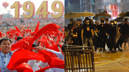 Beijing parade and Hong Kong protest