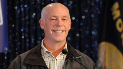 Representative elect Greg Gianforte accepts the crowds congratulations during his victory speech after winning the special congressional election in Bozeman, Montana May 25, 2017, during a special congressional election called after former Rep. Ryan Zinke was appointed to lead the Interior Department.