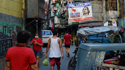 A banner showing support for Davao City Mayor Sara Duterte to run for president is seen in a community in Manila, Philippines, April 9, 2021. Picture taken April 9, 2021.