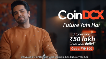 A YouTube screenshot of ad by CoinDCX with Bollywood actor Ayushmann Khurrana endorsing the crypto exchange