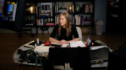 Jennifer Aniston prepares to deliver a monologue during a pivotal scene from "The Morning Show"