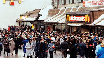 Customers queue outside the first McDonald's in Moscow in January 1990.