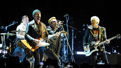 The Edge, Larry Mullen, Bono and Adam Clayton of U2 performing in concert at The O2 Arena. (London, England, UK)