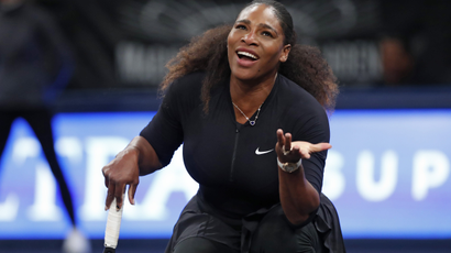 Serena Williams of the United States reacts as a call goes against her