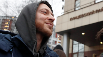Russian rapper Oxxxymiron waits outside the building of a district court before the announcement of a verdict in case of protester Yegor Zhukov in 2019