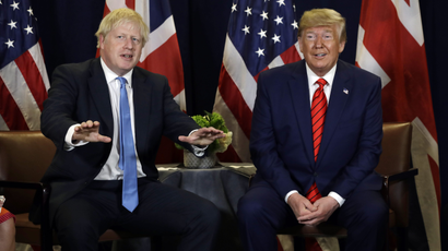 President Donald Trump meets with British Prime Minister Boris Johnson at the United Nations General Assembly, Tuesday, Sept. 24, 2019, in New York.