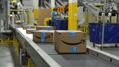 Amazon boxes at an Amazon warehouse