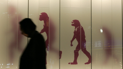 Man walking past evolution sign