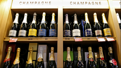 Bottles of Champagne at a liquor store.