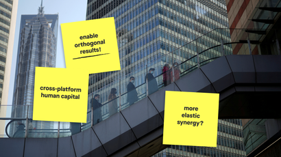 A photograph of a financial district is covered with illustrated sticky notes that have bullshit corporate phrases on them, including "enable orthogonal results!", "cross-platform human capital", and "more elastic synergy"