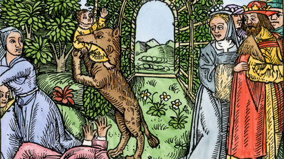 Queen Despaigne causes her stepson to be carried off by a werewolf in medieval France. Hand-colored woodcut of a medieval illustration (North Wind Picture Archives