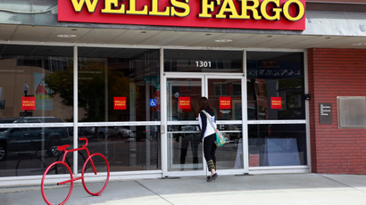 A customer enters the Wells Fargo bank branch in Golden
