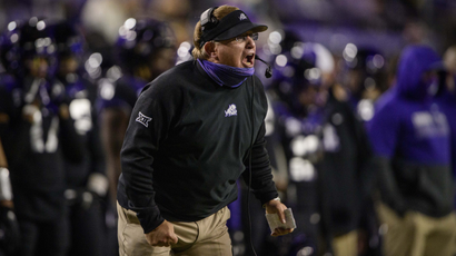 TCU Horned Frogs head coach Gary Patterson yells to his team during the second half against the Louisiana Tech Bulldogs at Amon G. Carter Stadium.