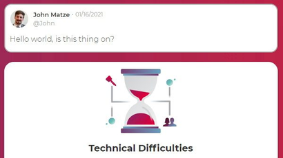 Below a post from Parler CEO John Matze saying "Hello world, is this thing on?" an error message warns of technical difficulties on the platform.