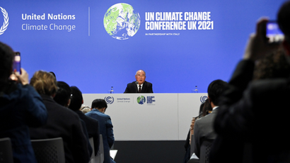 China's chief climate negotiator Xie Zhenhua speaks during a joint China and US statement on a declaration enhancing climate action, during the COP26 climate conference in Glasgow, Britain November 10, 2021.