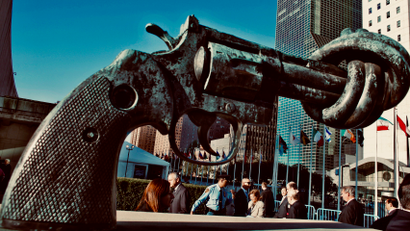A sculpture of a pistol with a knotted end in NY.
