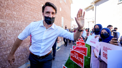 Canada's Liberal Prime Minister Justin Trudeau greets supporters at an election campaign stop on the last campaign day before the election, in Vaughan, Ontario, Canada