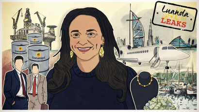 Illustration of Isabel dos Santos surrounded by oil, jewels, Western advisors