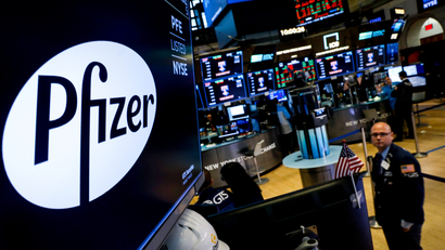 A logo for Pfizer is displayed on a monitor on the floor at the New York Stock Exchange in New York, U.S., July 29, 2019.