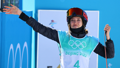 Eileen Gu winning her first gold medal at Beijing Winter Olympics
