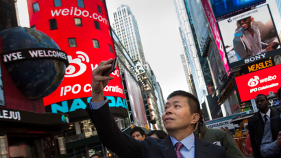 China's Twitter-like company Weibo CEO Charles Chao takes a selfie of himself