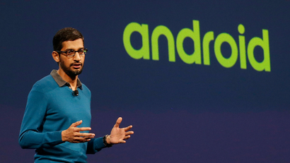 Sundar Pichai, senior vice president of Android, Chrome and Apps, speaks during the Google I/O 2015 keynote presentation in San Francisco, Thursday, May 28, 2015. (AP Photo/Jeff Chiu)