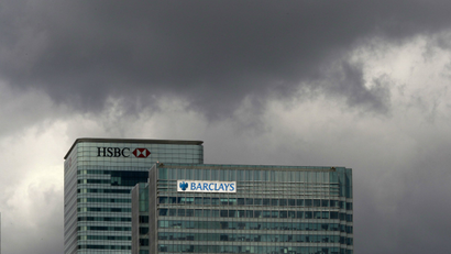 The HSBC and the Barclays buildings are seen in the Canary Wharf business district, in East London.
