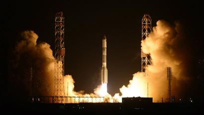 A Russian Proton booster rocket blasts off from the Russian-leased Baikonur cosmodrome in Kazakhstan.