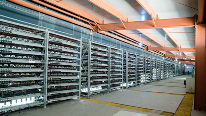 A rack of bitcoin miners at Bitmain's facility in Ordos, Inner Mongolia.