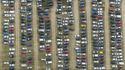 An overhead shot of a parking lot.