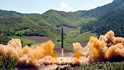 This image made from video of a news bulletin aired by North Korea's KRT on Tuesday, July 4, 2017, shows what was said to be the launch of a Hwasong-14 intercontinental ballistic missile, ICBM, in North Korea's northwest. Independent journalists were not given access to cover the event depicted in this photo. North Korea claimed to have tested its first intercontinental ballistic missile in a launch Tuesday, a potential game-changing development in its push to militarily challenge Washington — but a declaration that conflicts with earlier South Korean and U.S. assessments that it had an intermediate range.